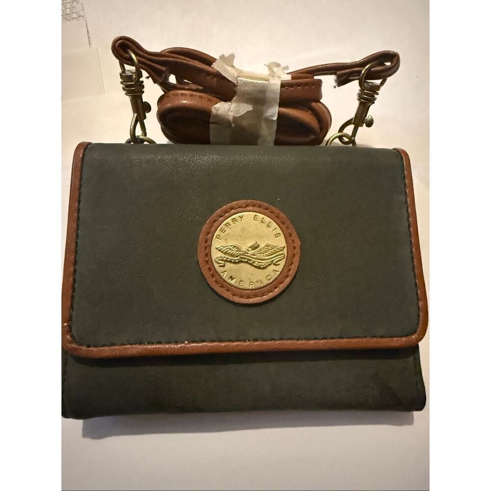Vintage Perry Ellis America Womens Leather Crossbody Wallet Bag Green Brown NWOT